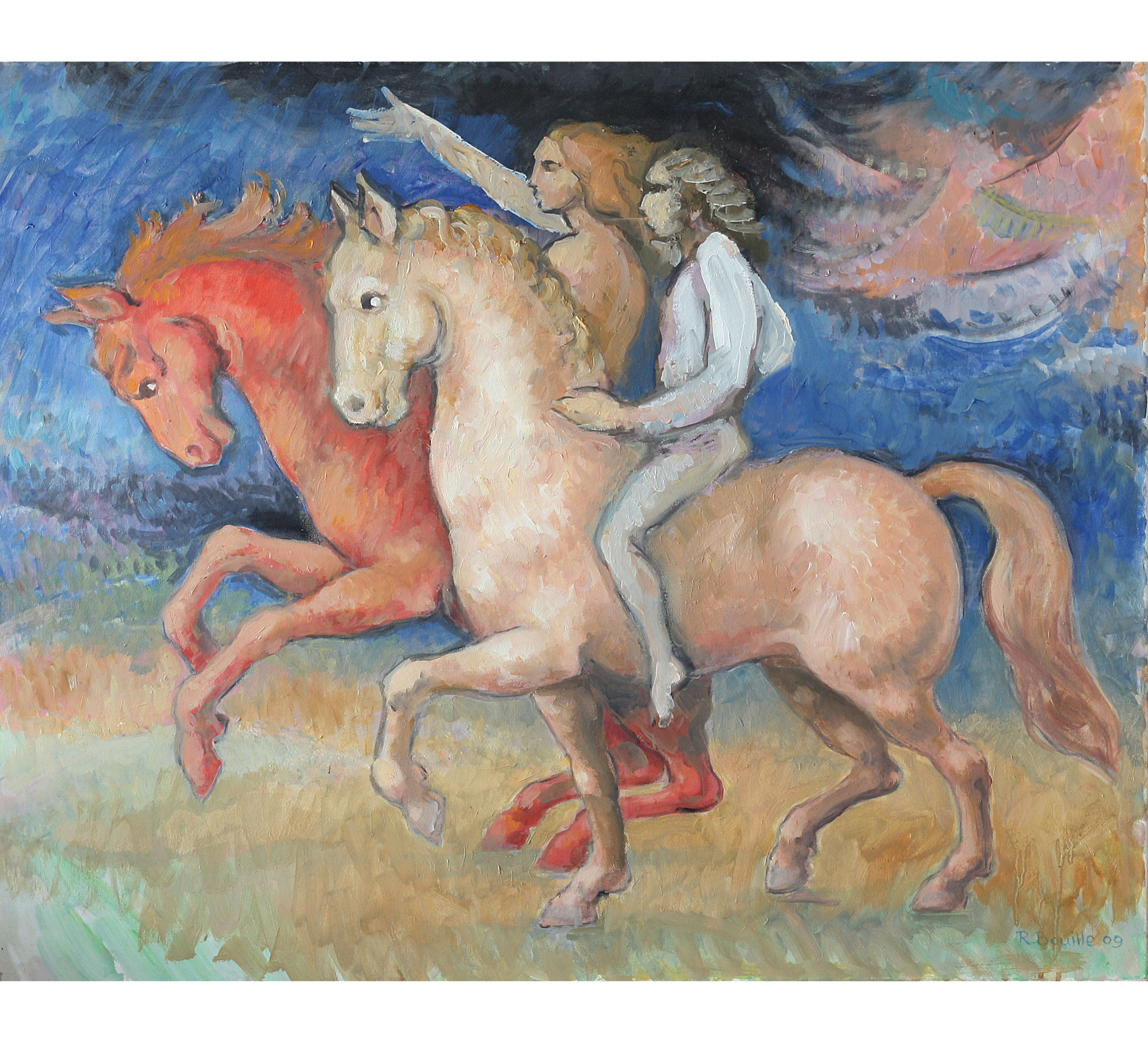 Robert Bouille - huile sur toile "Deux cavaliers"